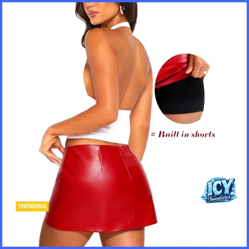 Faux Leather A-Line Mini Skort with Built-In Shorts Low Rise Stretch